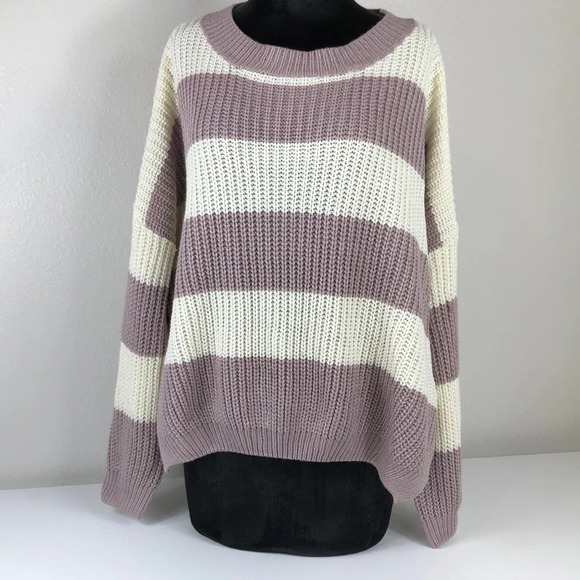 2/$30 NWT Easel Sweater Small Muted Purple Cream Chunky Oversized Knit Stripe - Picture 1 of 14